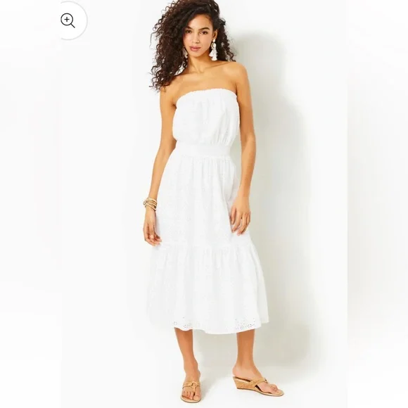 LILY PULITZER Nikole Strapless Midi White Eyelet Dress - Picture 2 of 12